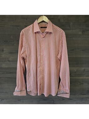 Hammer Made 43/17 Orange White Check Dress Shirt Floral Trim Button Front